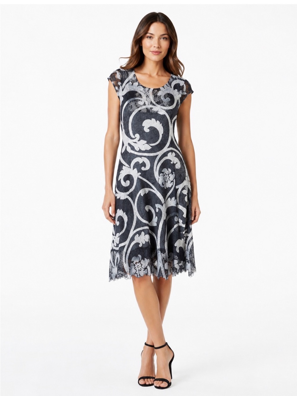 Komarov Gray and White Lace-Scroll Fit & Flare Dress
